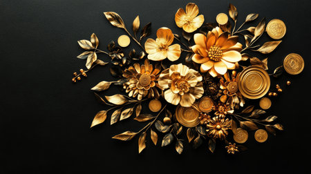 This image showcases a stunning arrangement of golden flowers and leaves artfully placed on a dark background, highlighting its elegance and charm.の素材