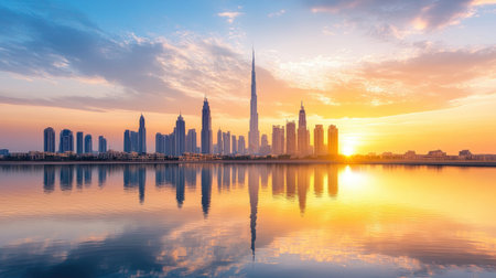 A breathtaking view of the Dubai skyline at sunrise, showcasing vibrant colors reflecting on the water, highlighting the architectural beauty of the city.の素材