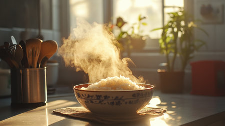 A steaming bowl of rice on a kitchen counter captures the warmth and comfort of home cooking. Natural light highlights the scene, emphasizing freshness and nourishment. Perfect for showcasing culinary themes.の素材