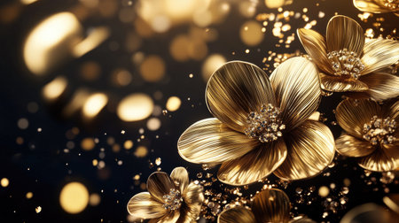 This artistic image showcases a beautiful arrangement of golden flowers set against a dark background, complete with shimmering lights and soft bokeh effects, evoking luxury and elegance.の素材