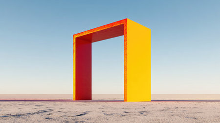 A striking bright yellow frame structure stands isolated in an expansive landscape. The minimalist design against a clear blue sky creates a surreal and tranquil atmosphere, perfect for artistic interpretation and inspiration.の素材