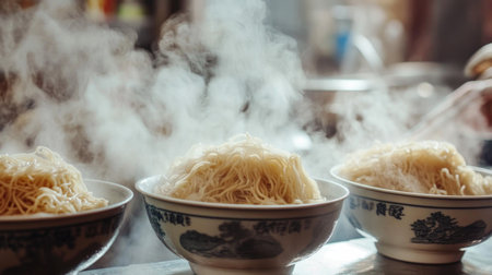 Three steaming bowls filled with soft noodles sit in a cozy kitchen, creating an inviting atmosphere perfect for atmospheric dining and culinary enjoyment.の素材