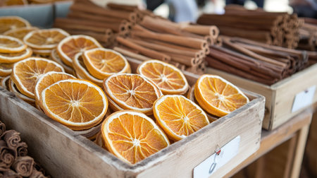 A vibrant display of dried orange slices and aromatic cinnamon sticks arranged in wooden boxes at a market stall, perfect for crafts and culinary projects.の素材