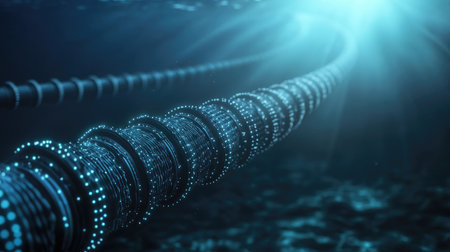 An immersive underwater scene showcases a network of glowing digital transmission lines, creating a captivating visual of technology intertwined with ocean depths.の素材