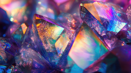This stunning close-up image showcases a collection of vibrant, multicolored crystal gems with intricate patterns and dazzling reflections, perfect for artistic projects.の素材
