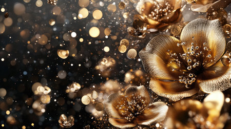 This stunning image showcases elegant golden flowers amidst a captivating bokeh background, creating a luxurious and magical ambiance. Perfect for design.の素材