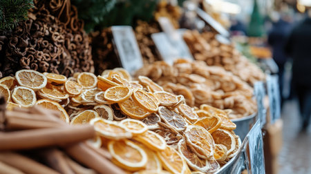 A visually appealing display of dried citrus fruits and spices at a bustling market stall, showcasing vibrant colors and festive atmosphere.の素材