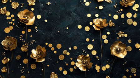 Capture the essence of luxury and celebration with this stunning arrangement of golden flowers and coins against a dark backdrop, perfect for elegant events.の素材