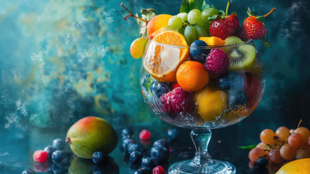 A stunning display of fresh fruit in a clear glass bowl, showcasing a variety of colors and textures. Ideal for culinary themes and healthy eating.の素材