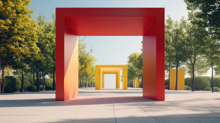 This image showcases vibrant geometric structures in a modern park, surrounded by lush greenery and a clear sky, creating a tranquil atmosphere.の素材