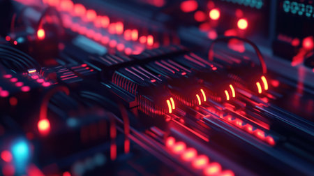 A captivating view of a futuristic server room featuring intricate network cables illuminated by striking red LED lights, emphasizing modern technology.の素材