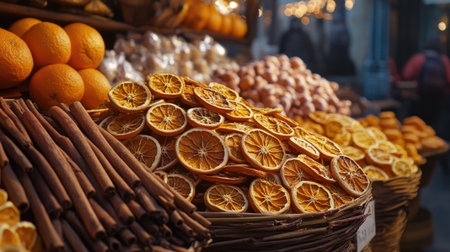 A vibrant display of dried orange slices and cinnamon sticks creates a warm and inviting atmosphere in a bustling market. The arrangement showcases rustic charm and natural appeal, perfect for food lovers and culinary enthusiasts.の素材