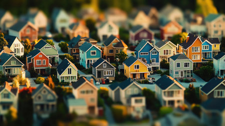 A vibrant residential neighborhood featuring charming, multicolored houses nestled amidst lush greenery, showcasing a picturesque urban landscape perfect for families.の素材