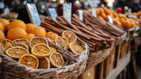 A vibrant market stall displaying fresh oranges, dried orange slices, and aromatic cinnamon sticks in a beautifully arranged setup, showcasing seasonal produce.の素材