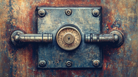 This image showcases a vintage industrial lock mechanism with a circular dial set against a rusty metal backdrop, offering a unique aesthetic and historical charm.の素材