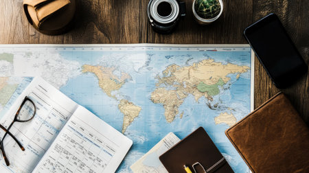 A captivating flat lay of travel essentials displayed on a rustic wooden table. The world map, camera, notebooks, and glasses create a perfect setting for planning adventures.の素材