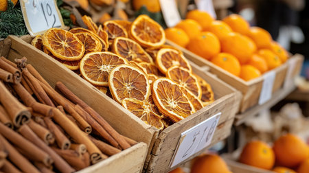 This captivating image showcases dried orange slices and cinnamon sticks arranged beautifully in wooden crates at a lively farmers market, complemented by fresh oranges.の素材