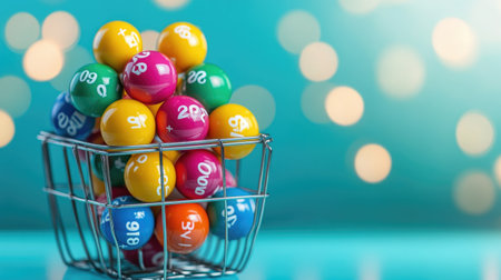 A vibrant arrangement of colorful lottery balls rests in a wire basket, set against a shimmering backdrop, perfect for illustrating themes of chance and luck.の素材