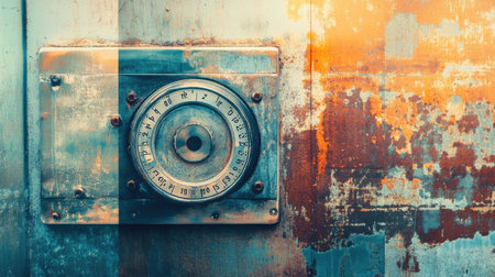 Captivating close-up of a vintage combination lock set against a beautifully textured metal surface, highlighting unique patina and color.の素材