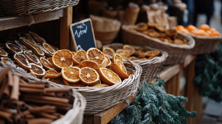 A vibrant display of dried orange slices and cinnamon sticks in woven baskets at a rustic market stall, perfect for seasonal decor and festive settings.の素材