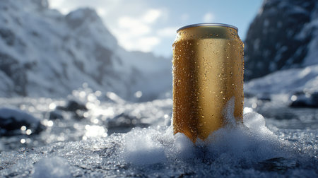A gold beverage can is nestled in snow and ice, showcasing a refreshing drink in a stunning mountain landscape. Perfect for summer or outdoor adventures.の素材
