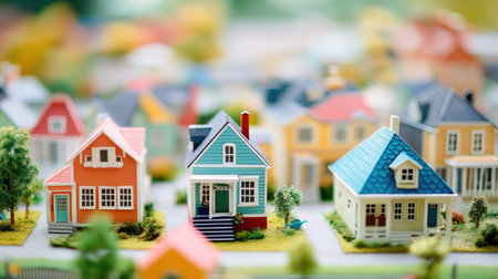 This image captures a vibrant collection of miniature houses in a colorful neighborhood, featuring unique designs and detailed landscaping elements.の素材