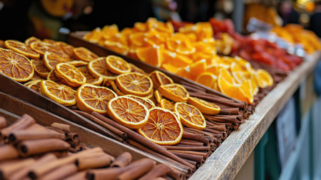 Vibrant dried orange slices paired with fragrant cinnamon sticks create a visually appealing display at a lively market. Perfect for culinary inspiration.の素材