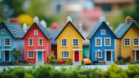 A charming array of colorful miniature houses showcases unique designs and intricate details, set against a lush green backdrop, perfect for inspiring creativity.の素材