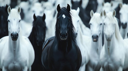 A striking black horse stands confidently among a group of white horses, creating a captivating contrast. The scene evokes themes of strength and unity within nature, showcasing the beauty of these majestic creatures in a serene landscape.の素材