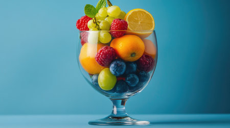 A stunning glass bowl filled with a vibrant assortment of fresh fruits, including raspberries, blueberries, and citrus, set against a smooth blue background.の素材