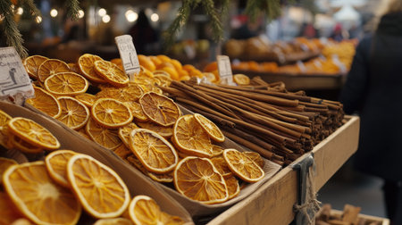 A vibrant market scene showcasing an array of dried orange slices and cinnamon sticks, perfect for adding festive flavor to seasonal dishes or decor.の素材