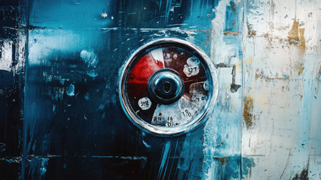 This close-up image features a vintage combination lock showcasing a colorful dial against a textured metallic surface, emphasizing its intricate design and functionality.の素材