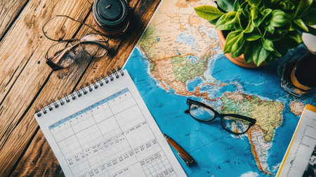 This image features a wooden table with an open calendar, a world map, glasses, a green plant, and a camera, capturing the essence of travel planning.の素材