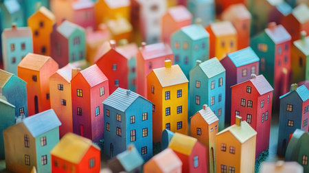 This captivating image features a lively collection of colorful miniature houses, showcasing a charming neighborhood scene with various sizes and shapes.の素材