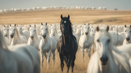 A stunning black horse stands confidently among a herd of white horses in a tranquil pasture, highlighting the beauty and diversity of nature.の素材
