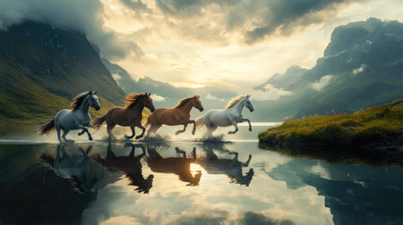A breathtaking scene depicting a group of horses galloping across a calm lake, surrounded by majestic mountains and dramatic clouds at sunset.の素材