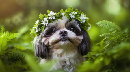 A charming Shih Tzu dog showcases its playful spirit while wearing a beautiful floral crown. This serene outdoor portrait captures the essence of joy and nature.の素材