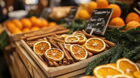 A charming market display featuring vibrant dried orange slices and fragrant cinnamon sticks, accompanied by fresh citrus fruits. Ideal for food-related themes.の素材