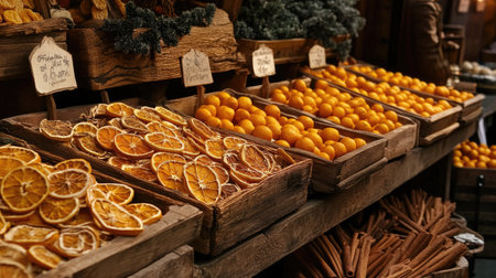 Beautiful arrangement of dried orange slices and fresh oranges in wooden bins enhances rustic market atmosphere, emphasizing vibrant colors and natural beauty.の素材