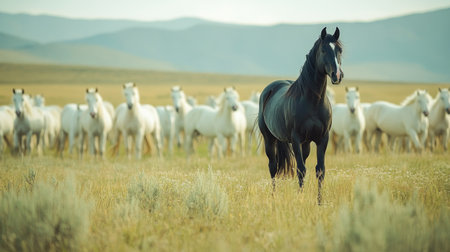 A striking black horse stands proudly in a meadow, surrounded by a group of elegant white horses. The scene captures the beauty of nature and the grace of these animals.の素材