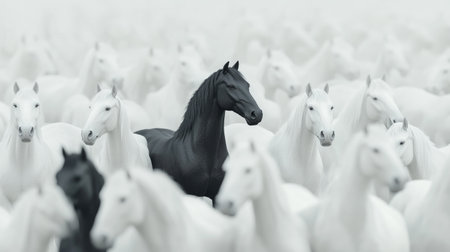 A striking image showcasing a solitary black horse surrounded by numerous white horses, creating a captivating visual contrast that embodies uniqueness and beauty.の素材