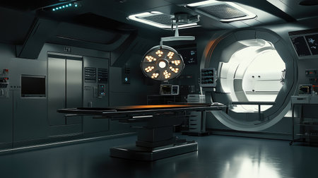 This image showcases a modern operating room featuring advanced medical equipment and bright surgical lights in a clean, sterile environment.の素材