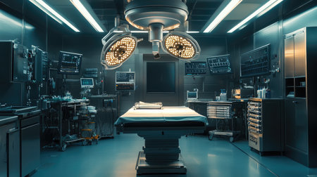 A well-equipped surgical room featuring advanced medical technology with bright lights illuminating a sterile operating table, ready for procedures.の素材