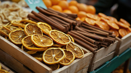A captivating market stall featuring an assortment of dried orange slices and aromatic cinnamon sticks, showcasing vibrant colors and textures.の素材