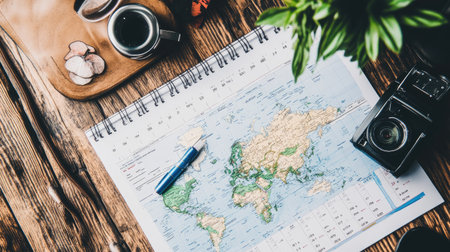 A vibrant flat lay featuring a world map, pen, vintage camera, and coffee against a wooden background, capturing the essence of travel planning and adventure.の素材