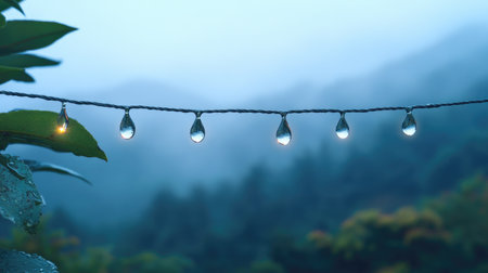 A captivating scene of water droplets gracefully hanging from a thin wire, set against a misty landscape. This image evokes feelings of tranquility and freshness in nature.の素材
