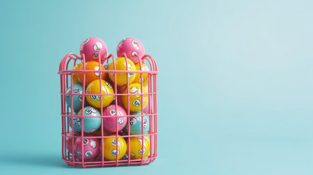 A vibrant collection of colorful lottery balls arranged in a pink wire basket, set against a soothing light blue background, creating a playful and exciting atmosphere.の素材