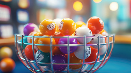A vibrant display of colorful lottery balls resting in a wire basket, set against a softly lit background, captures the excitement and thrill of gaming.の素材