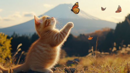 A charming ginger kitten engages with vibrant butterflies in a tranquil outdoor setting. The majestic mountain in the background enhances the serene atmosphere.の素材