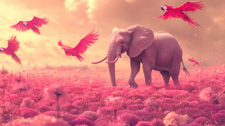 A stunning surreal scene featuring a majestic elephant strolling through a vibrant pink landscape, surrounded by colorful birds in flight, evoking a dreamlike atmosphere.の素材